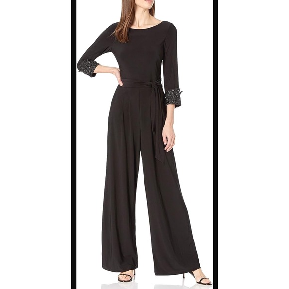 NWT Eliza J Womens Black Embellished Cuff Wide Leg Jumpsuit Plus Size 16W - Picture 1 of 8